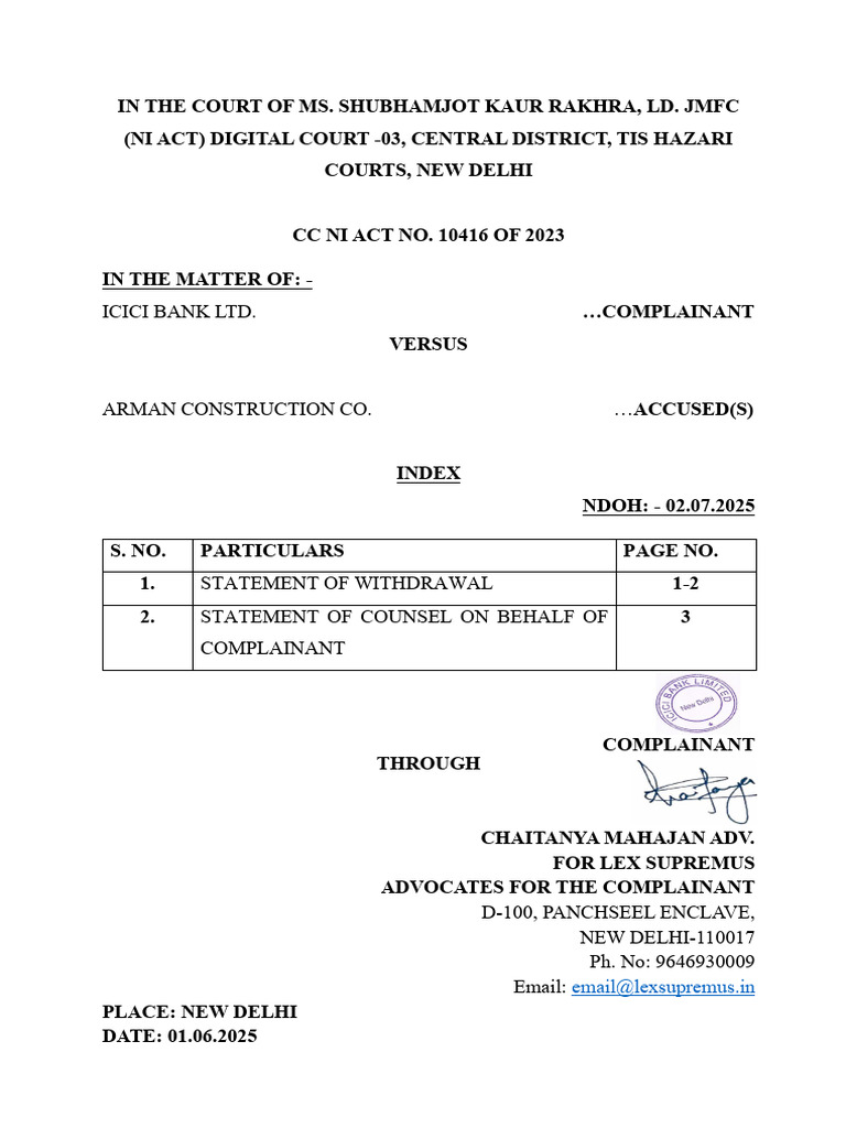 ICICI Bank vs. Arman Construction Withdrawal | PDF | Judiciaries | Justice