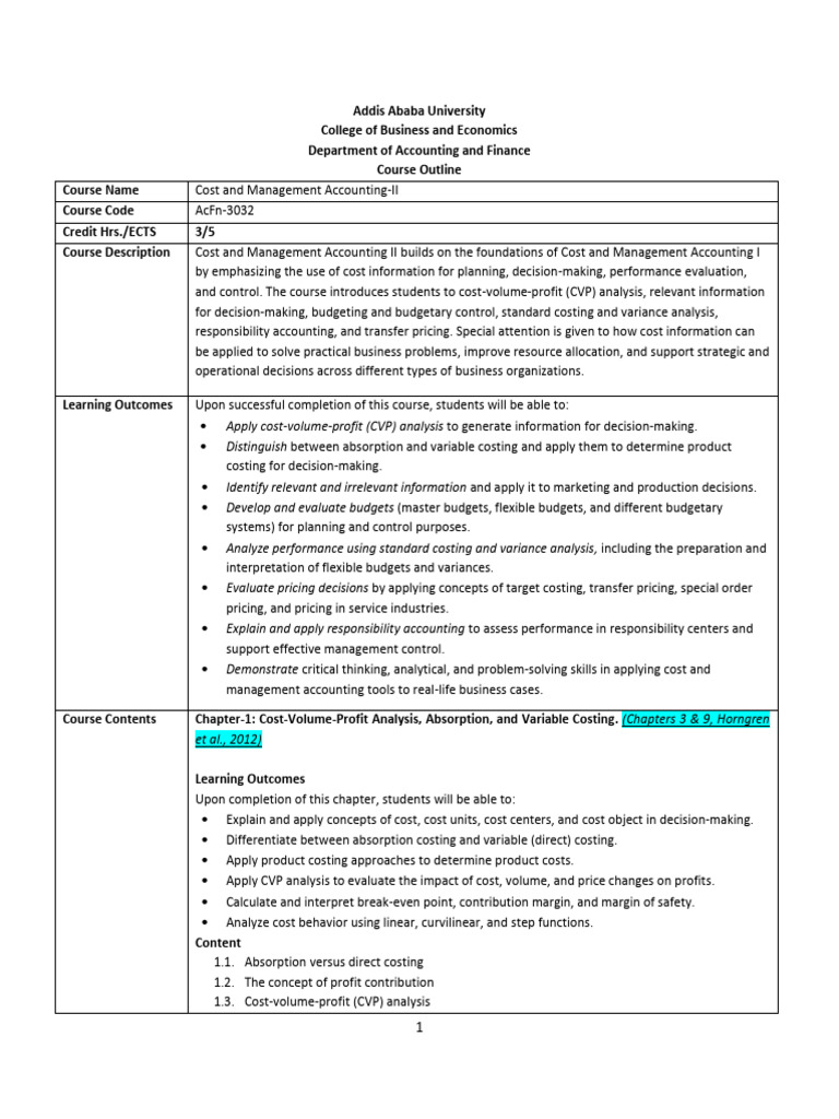 Cost and Management Accounting II Outline | PDF | Information | Pricing