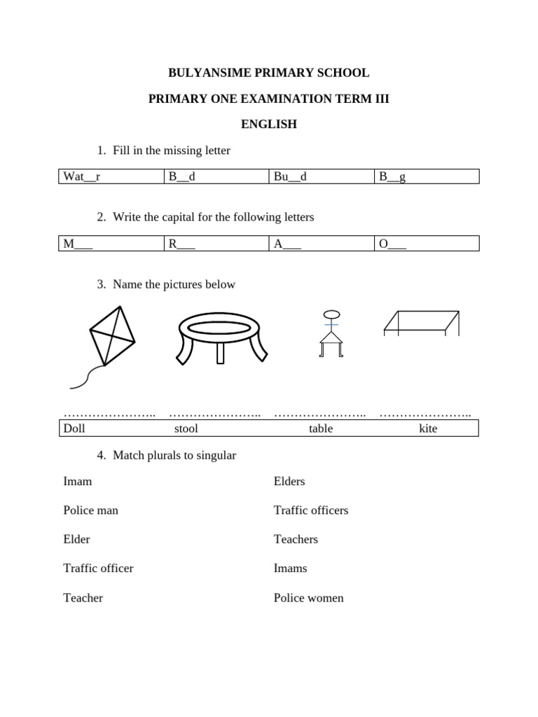 Primary One English Exam Questions | PDF