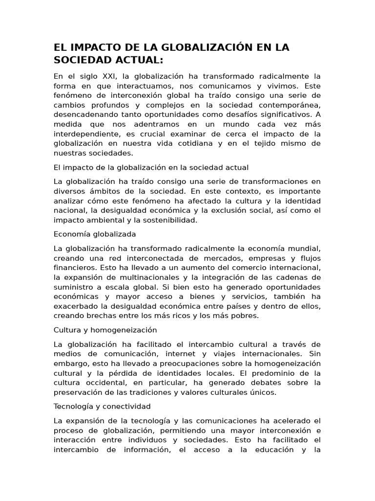 Impacto de la Globalización en la Sociedad | PDF | Globalización ...