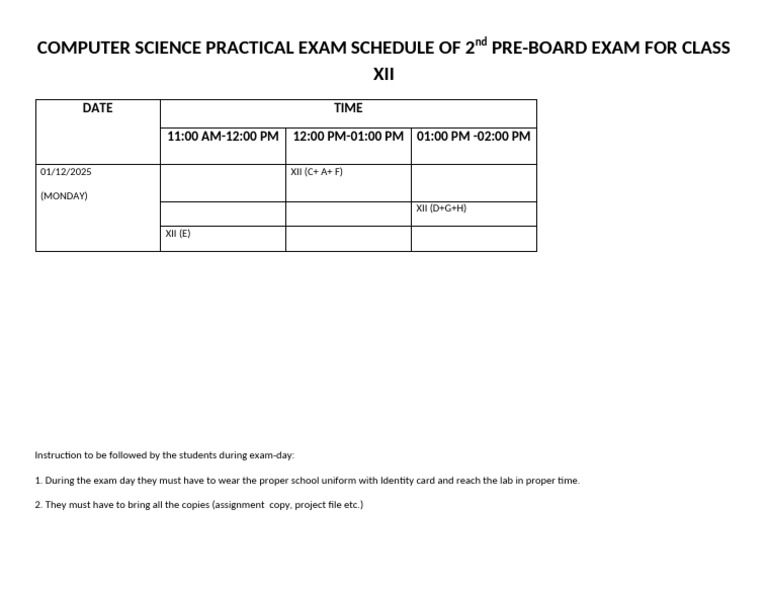 Class XII Computer Science Exam Schedule | PDF