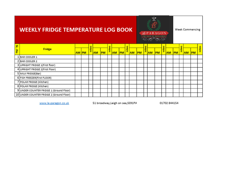 Weekly Fridge Temperature Log | PDF
