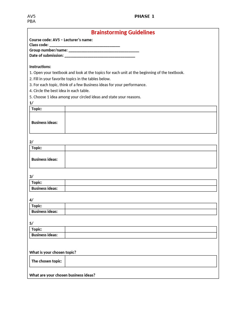 2 - Anh Văn 5 - Template PBA - PHASE 1 - Brainstorming Guidelines | PDF
