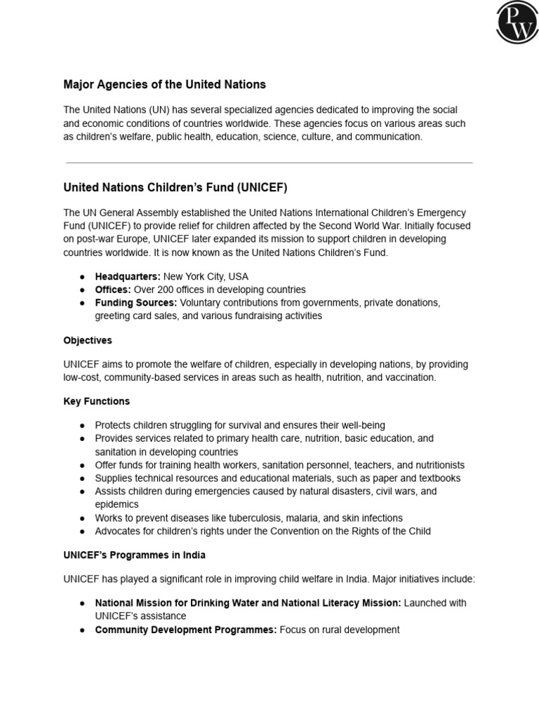 Major Agencies of United Nations Handwritten Notes | PDF | Unicef ...