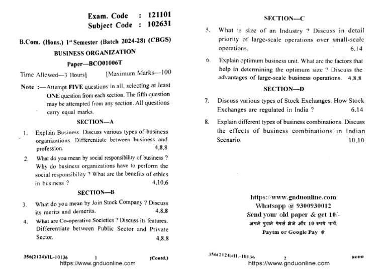 Bcom 1 Sem Business Organization 102631 2024 | PDF