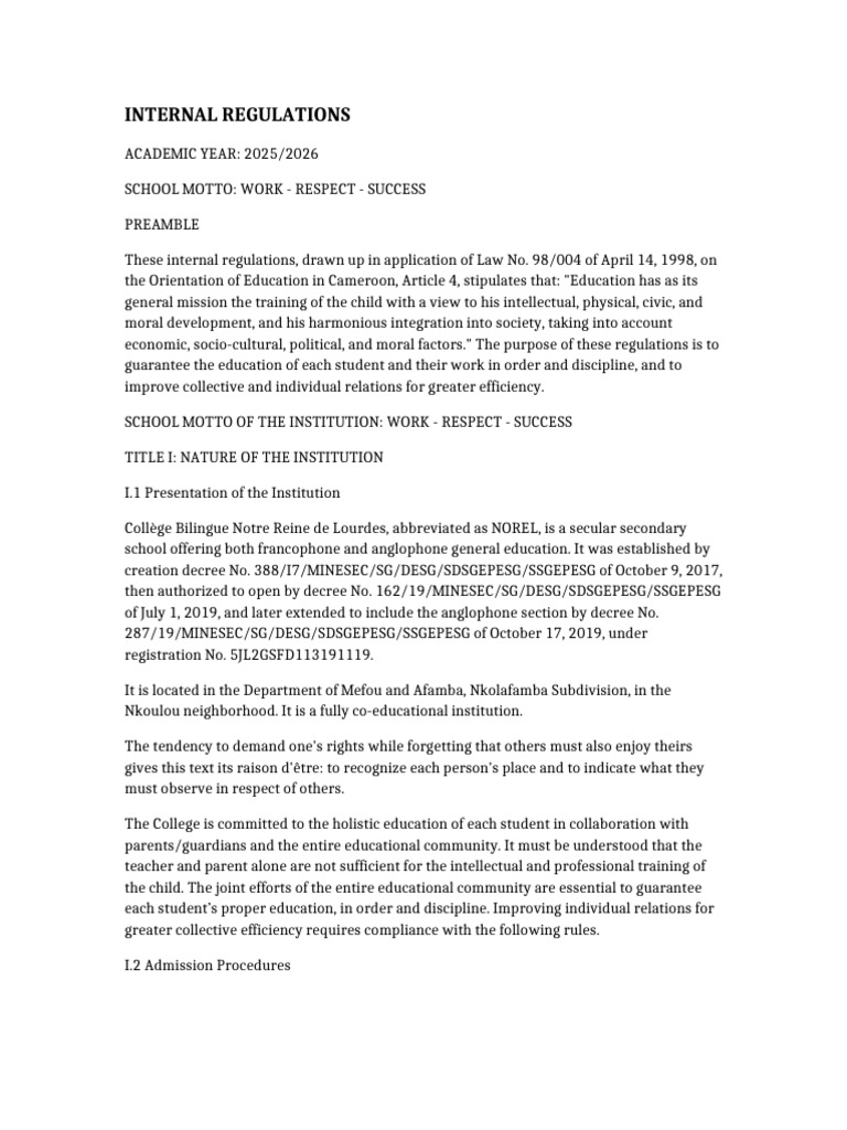 Internal Regulations for NOREL School 2025/2026 | PDF