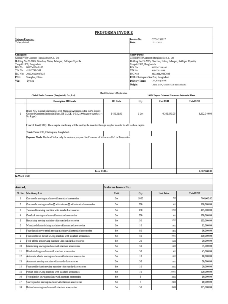 Proforma Invoice for Garment Machinery | PDF | Sewing Machine | Sewing