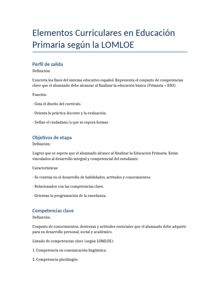 Elementos Curriculares LOMLOE Primaria | PDF | Plan de estudios ...