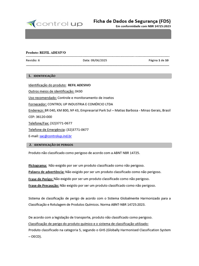 Ficha de Segurança do Refil Adesivo | PDF