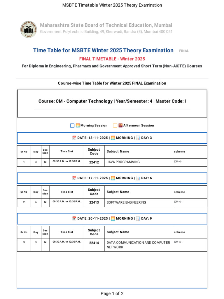 MSBTE Winter 2025 Exam Timetable | PDF | Career And Technical Education ...