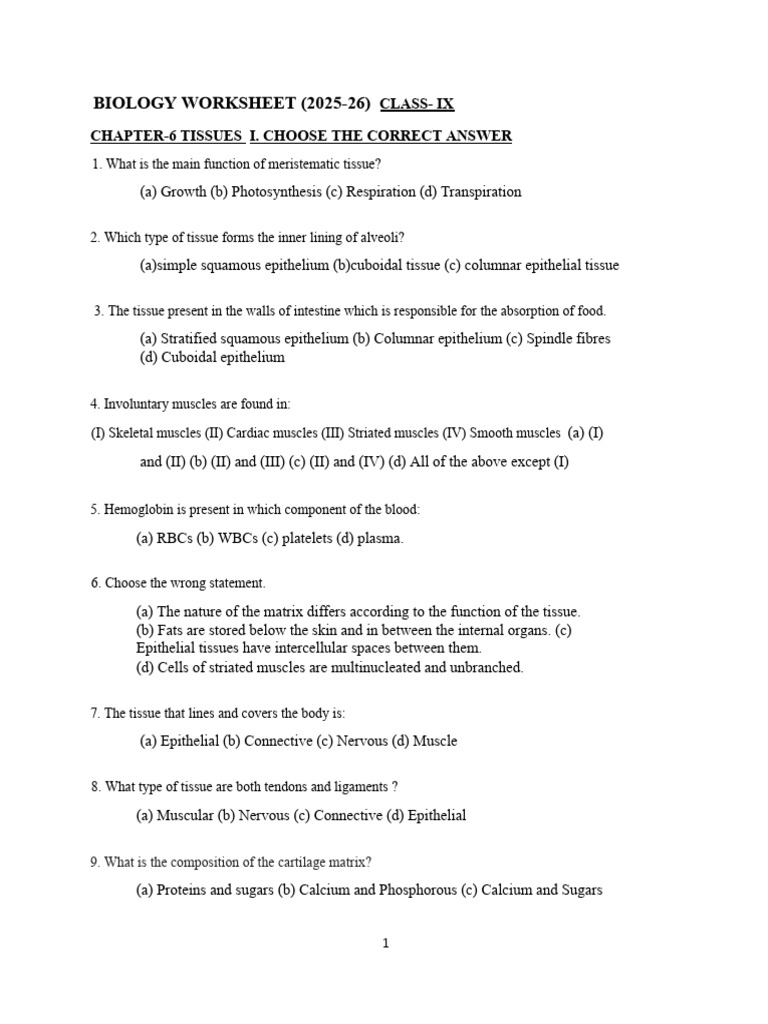 Class IX Biology Worksheet on Tissues | PDF | Tissue (Biology) | Muscle