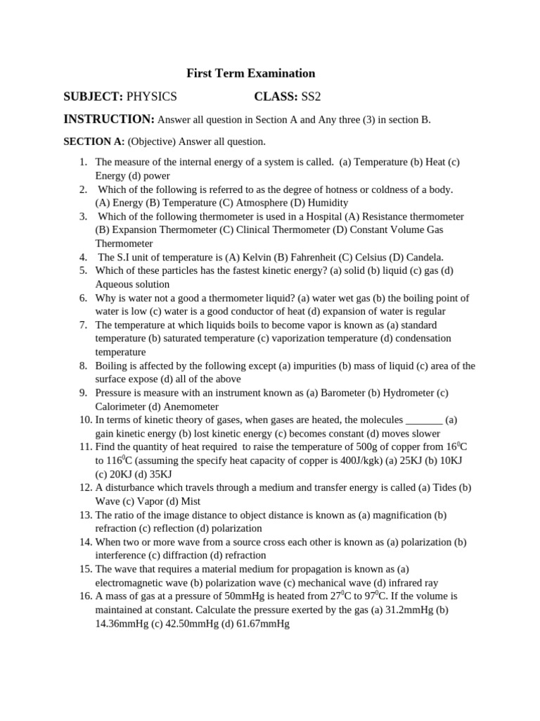 SS2 Physics Exam Questions and Answers | PDF | Force | Heat