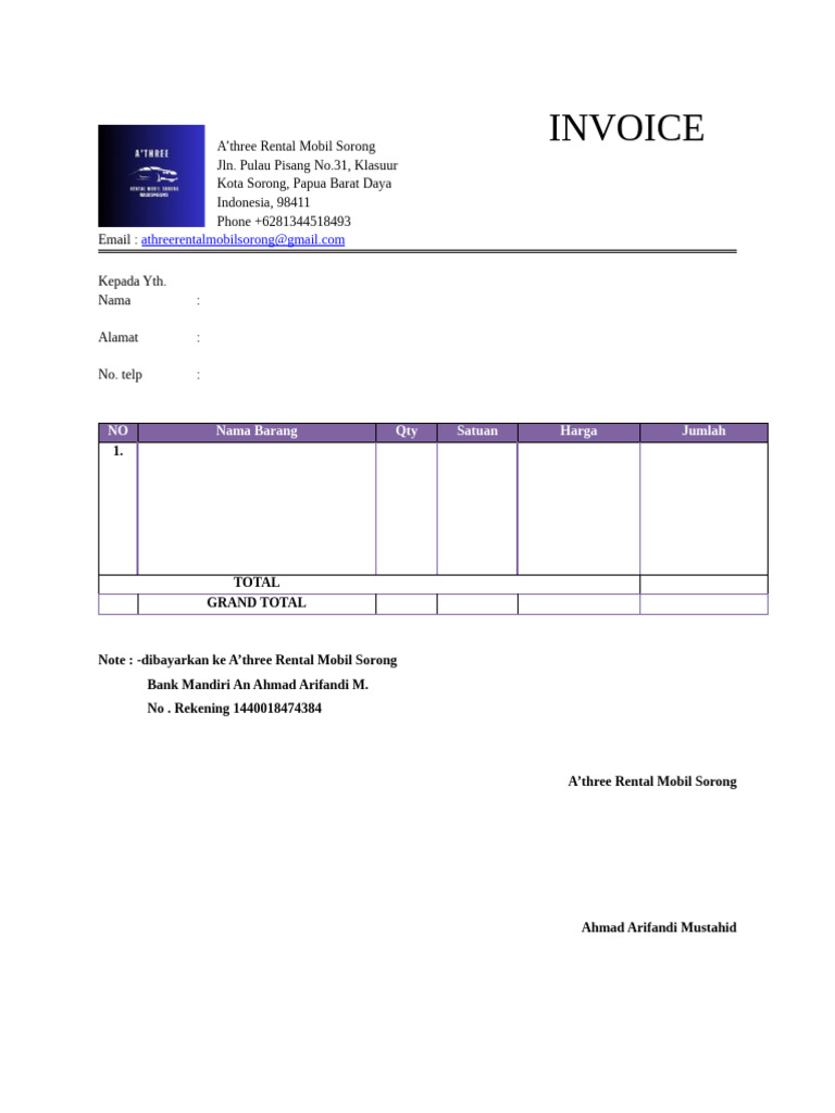 Invoice A'three Rental Mobil Sorong | PDF