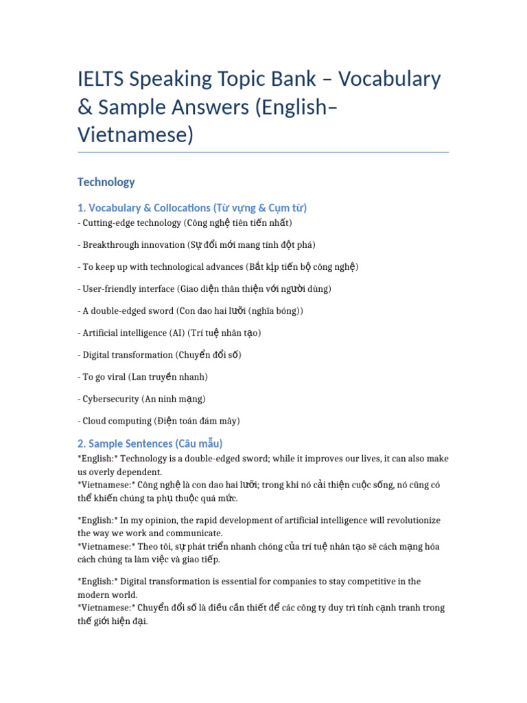 Ielts Speaking Topic Bank En-Vi Full | PDF