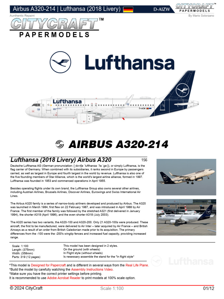 1/100　FRAGILE　PACMIN　ルフトハンザ　A320-214 Lufthansa Airbus A320-214 Papercraft Model | PDF | Aviation | Airbus