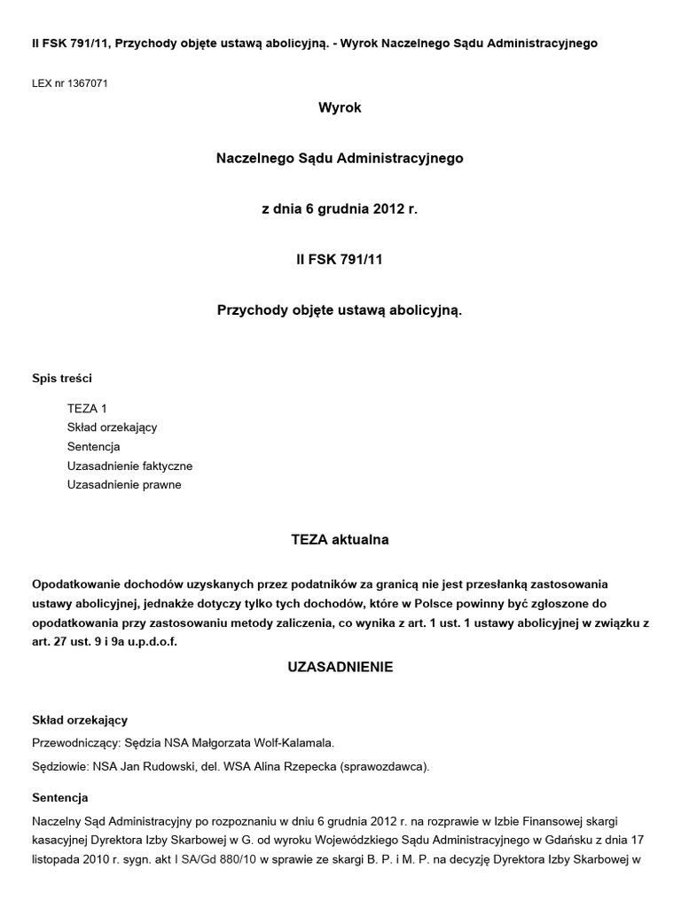 II FSK 791 11 Przychody Objete Ustawa Abolicyjna | PDF