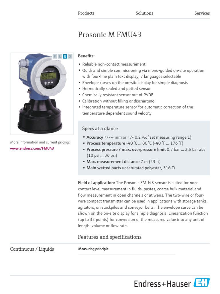 Prosonic FMU43 Ultrasonic Level Sensor | PDF | Flow Measurement ...
