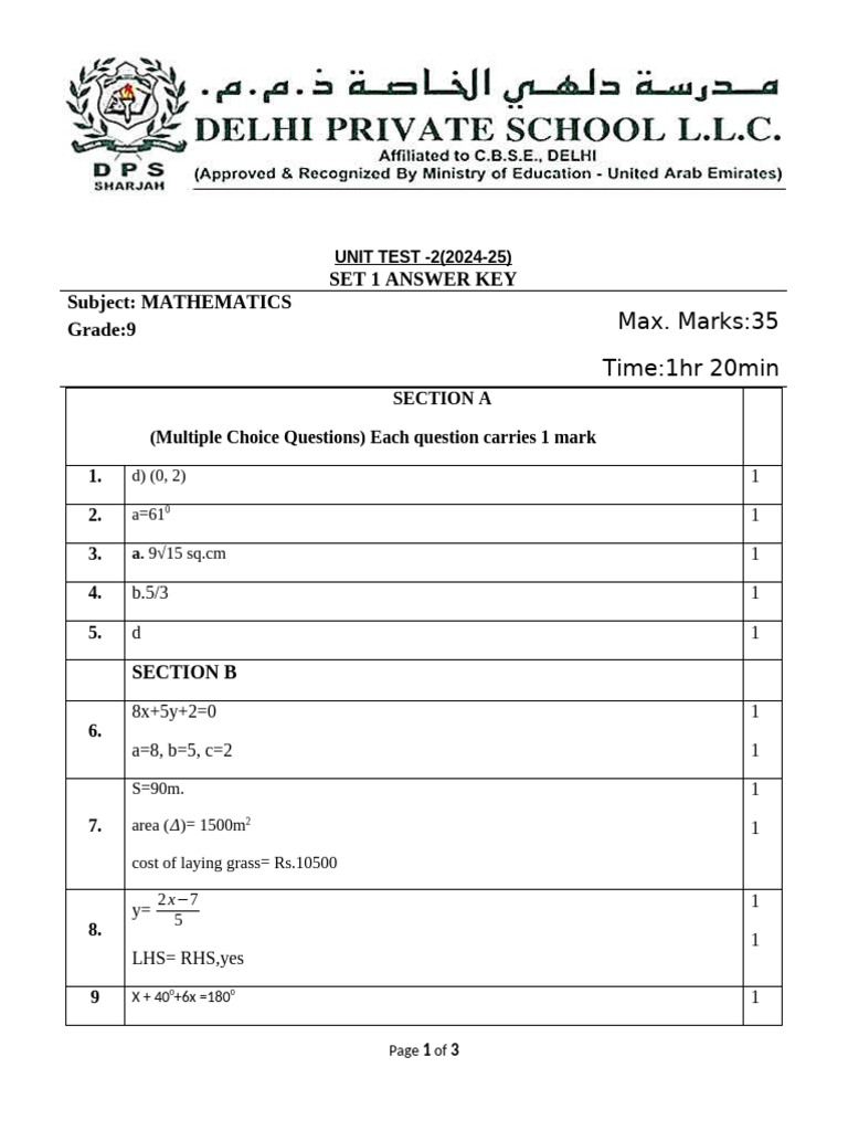 Set 1 Answer Key Subject: MATHEMATICS Grade:9: Max. Marks:35 Time:1hr ...
