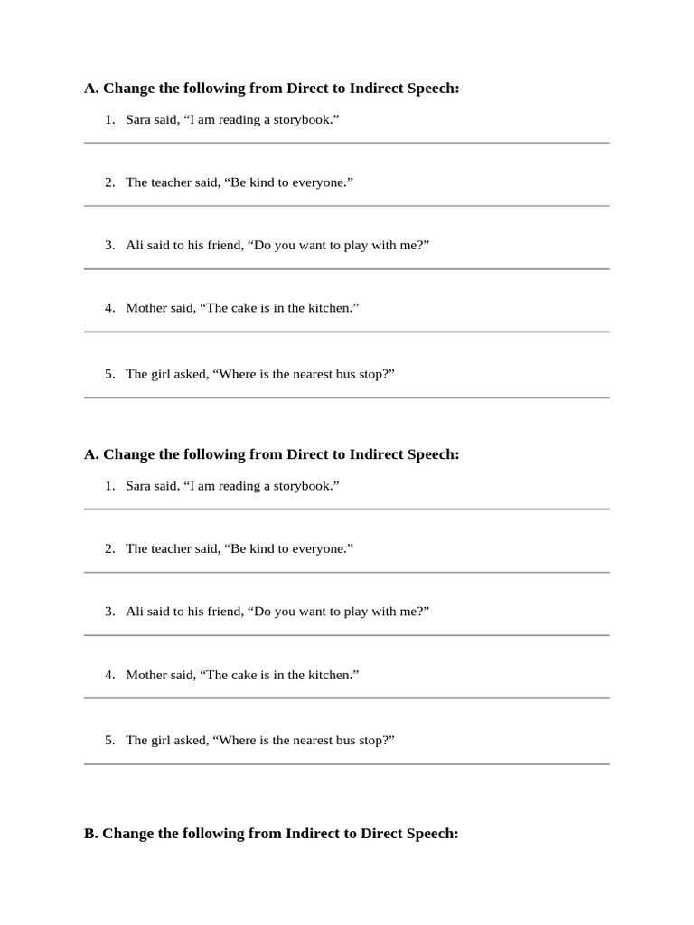 Direct and Indirect Speech Exercises | PDF