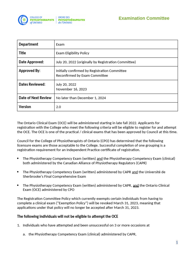 Ontario Clinical Exam Eligibility Policy | PDF | Physical Therapy
