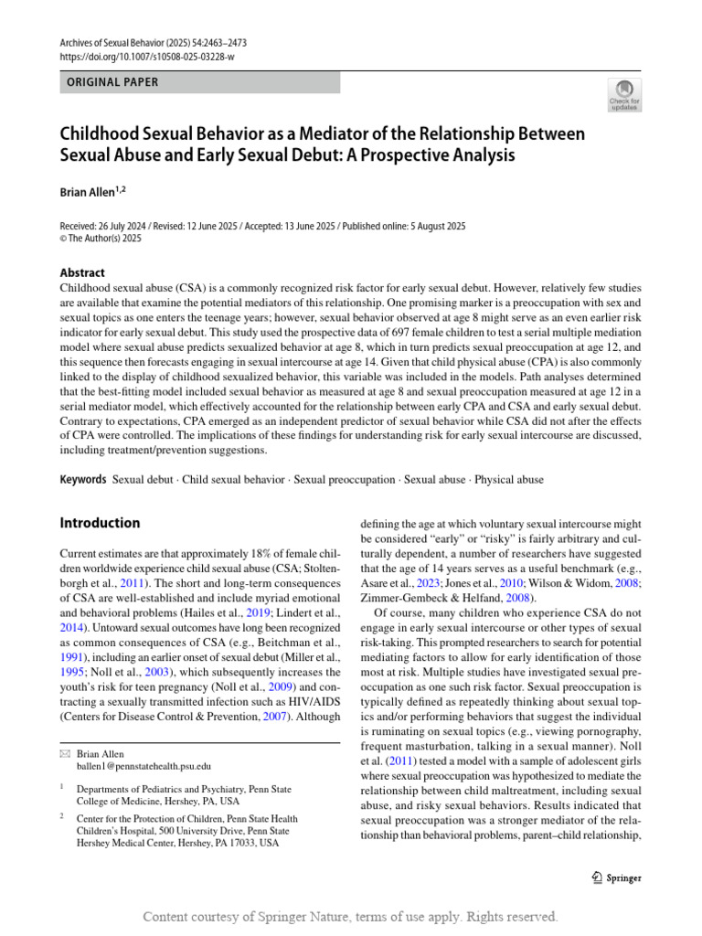 Childhood Sexual Behavior and Early Sexual Debut | PDF | Child Abuse ...