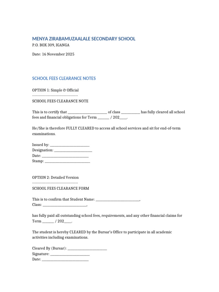 School Fees Clearance Notes Template | PDF