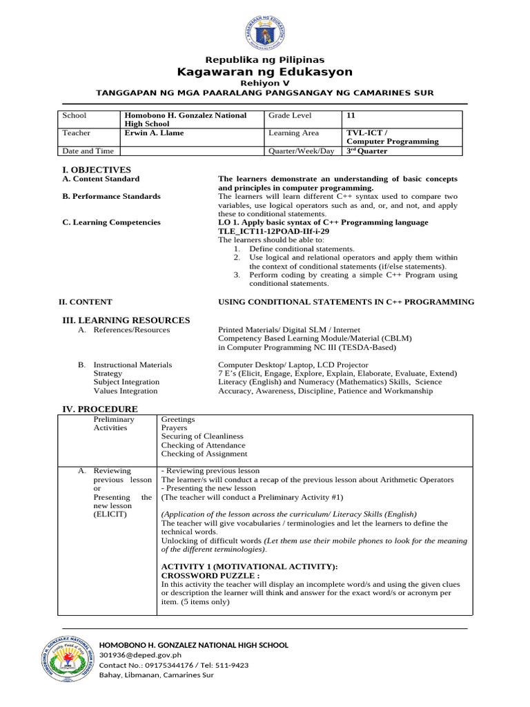 Llame-Cot1 Sy2022-2023 Lesson Plan | PDF | Computer Programming | Learning