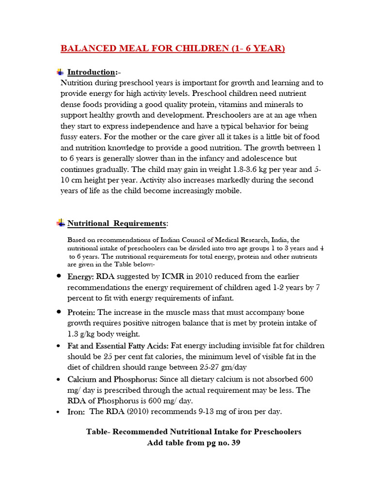 Balanced Meal For Children (1-6 Yrs) | PDF | Food Energy | Nutrition