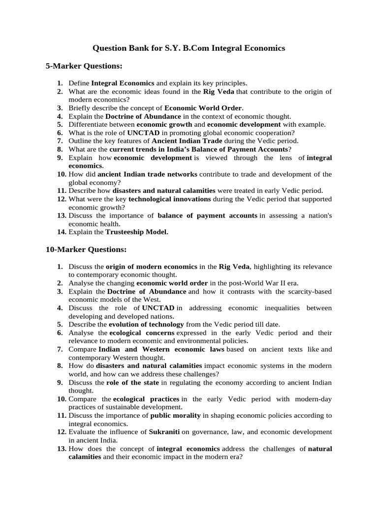 Integral Economics Question Bank for B.Com | PDF | Economics | Vedas