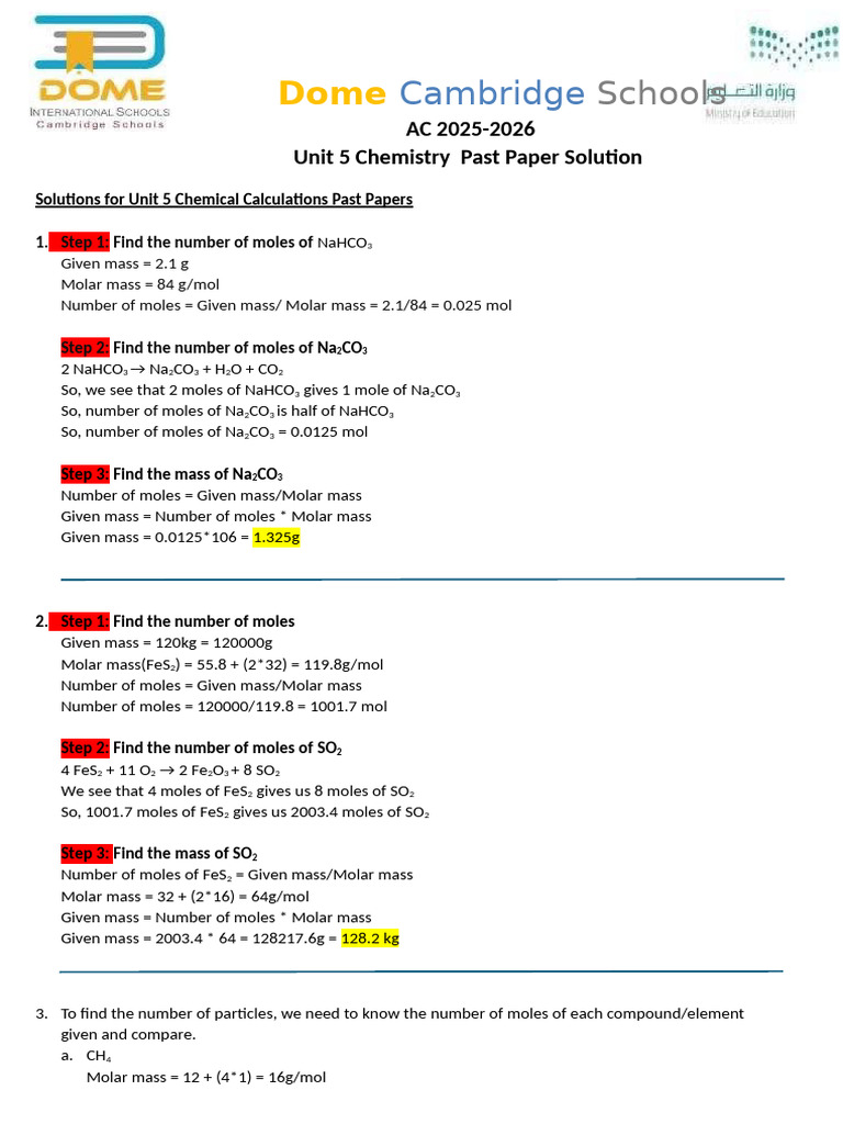 Unit 5 Chemistry Past Paper Solutions | PDF | Mole (Unit) | Concentration