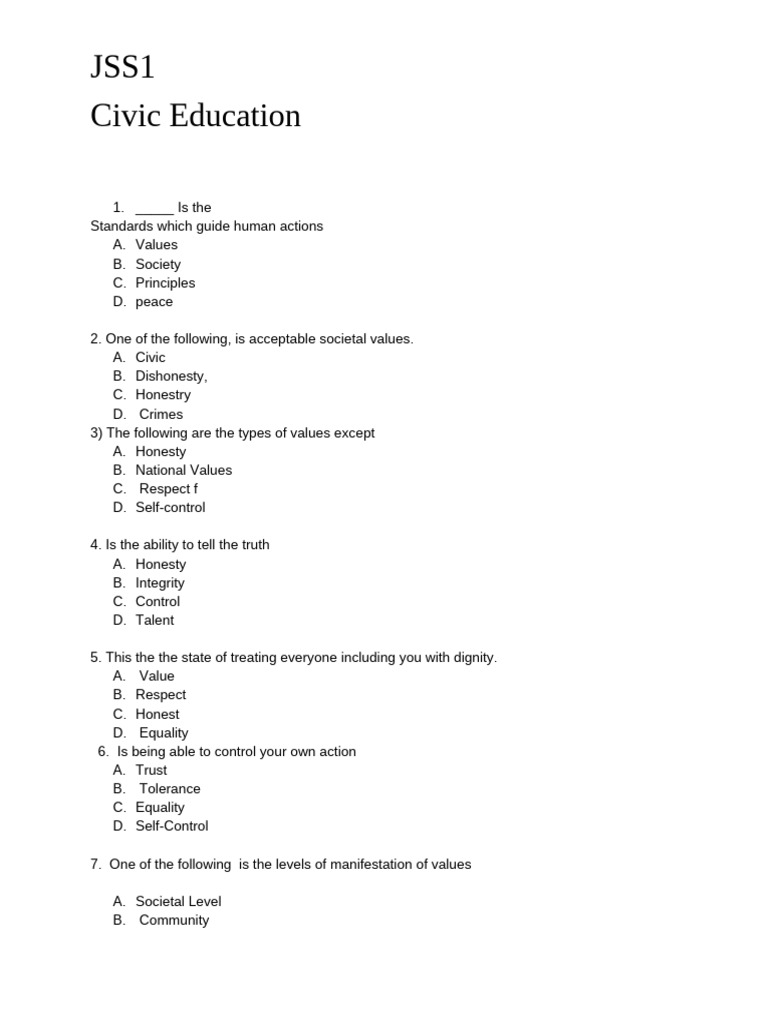 jss1_civic_exam | PDF | Integrity