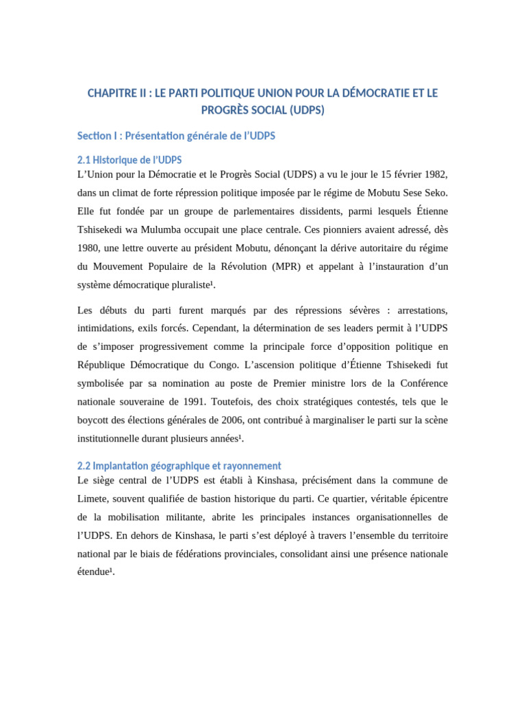 Histoire et structure de l'UDPS en RDC | PDF