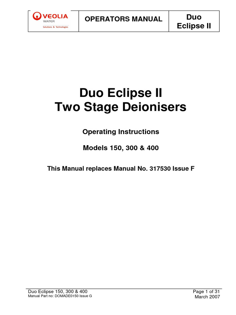 Duo Eclipse II Deioniser Manual | PDF | Water | Valve