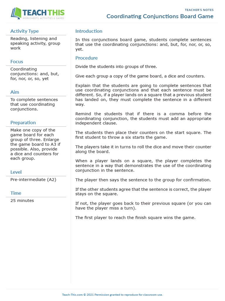 Coordinating Conjunctions Board Game | PDF | Linguistics | Grammar