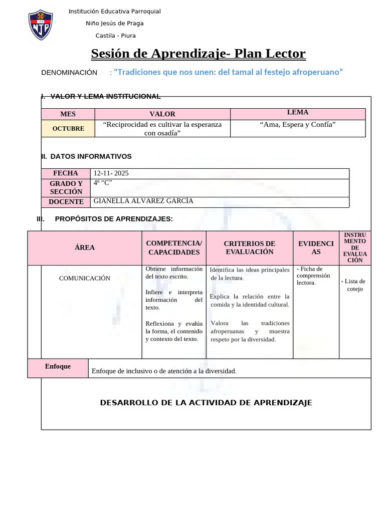 Sesion Comunicacion de Plan Lector 12-11-25 | PDF | Aprendizaje
