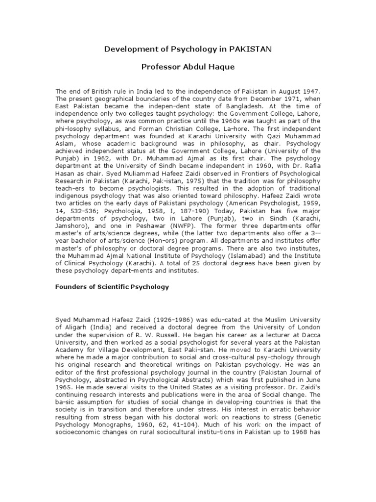 Development of Psychology in PAKISTAN PDF Pakistan Psychology