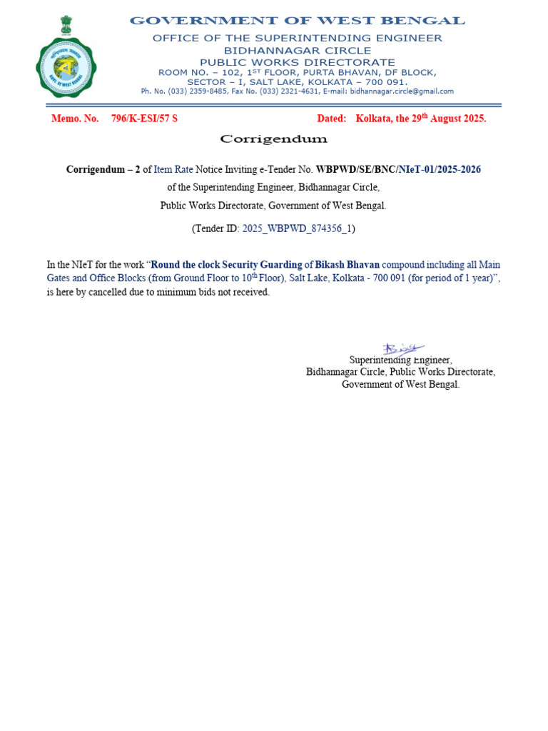 West Bengal Tender Corrigendum Notice | PDF