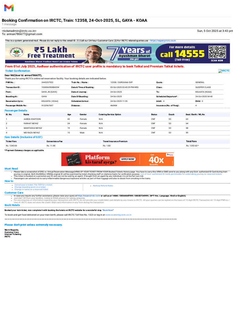 Gmail - Booking Confirmation On IRCTC, Train - 12358, 24-Oct-2025, SL ...
