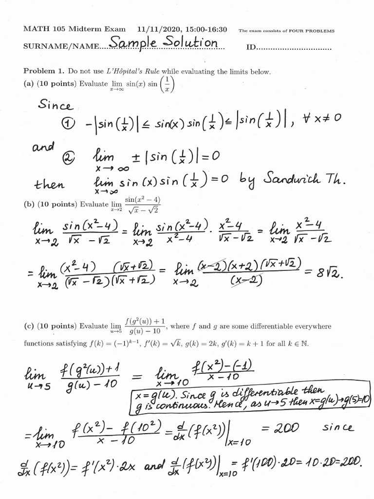 Math 105 2020 Fall MT Solutions | PDF