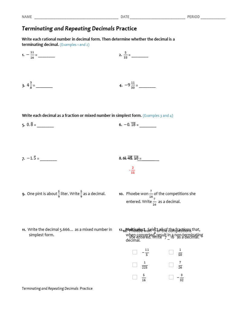 Terminating vs Repeating Decimals Practice | PDF | Rational Number ...