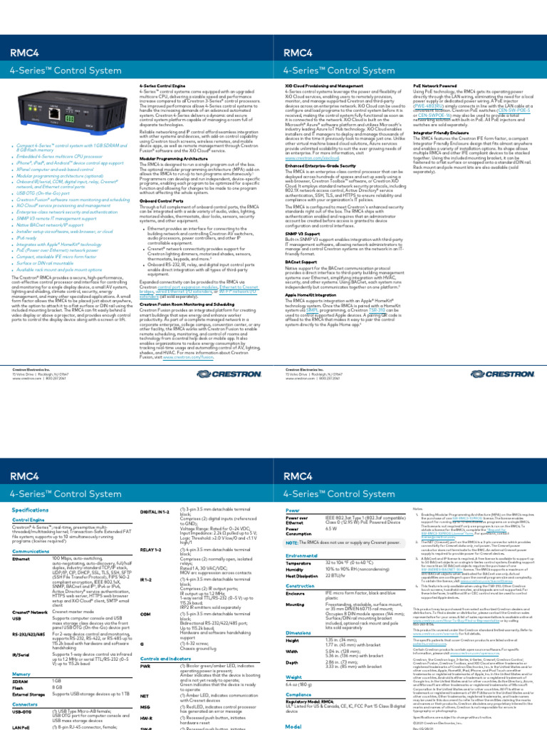 Crestron RMC4 4-Series Control System | PDF | Computer Network | Cloud ...