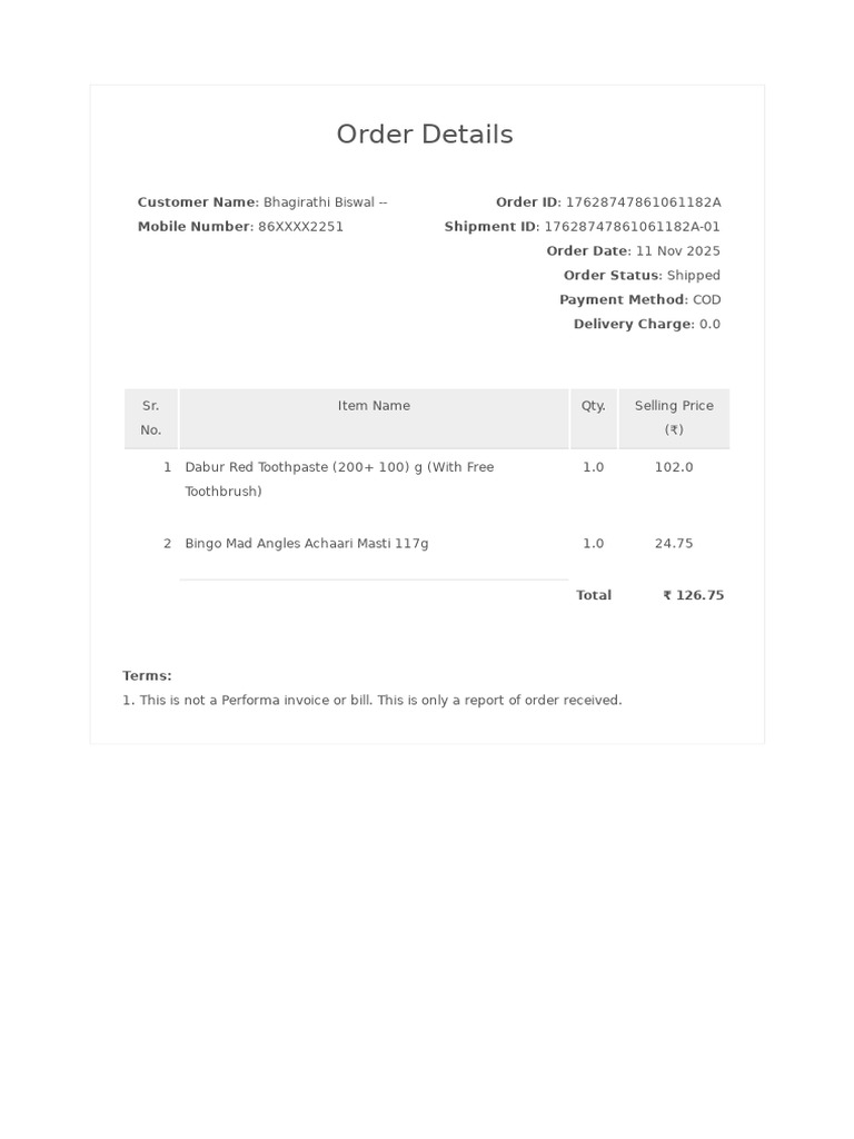 Order Details: Customer Name Mobile Number Order ID Shipment ID Order ...