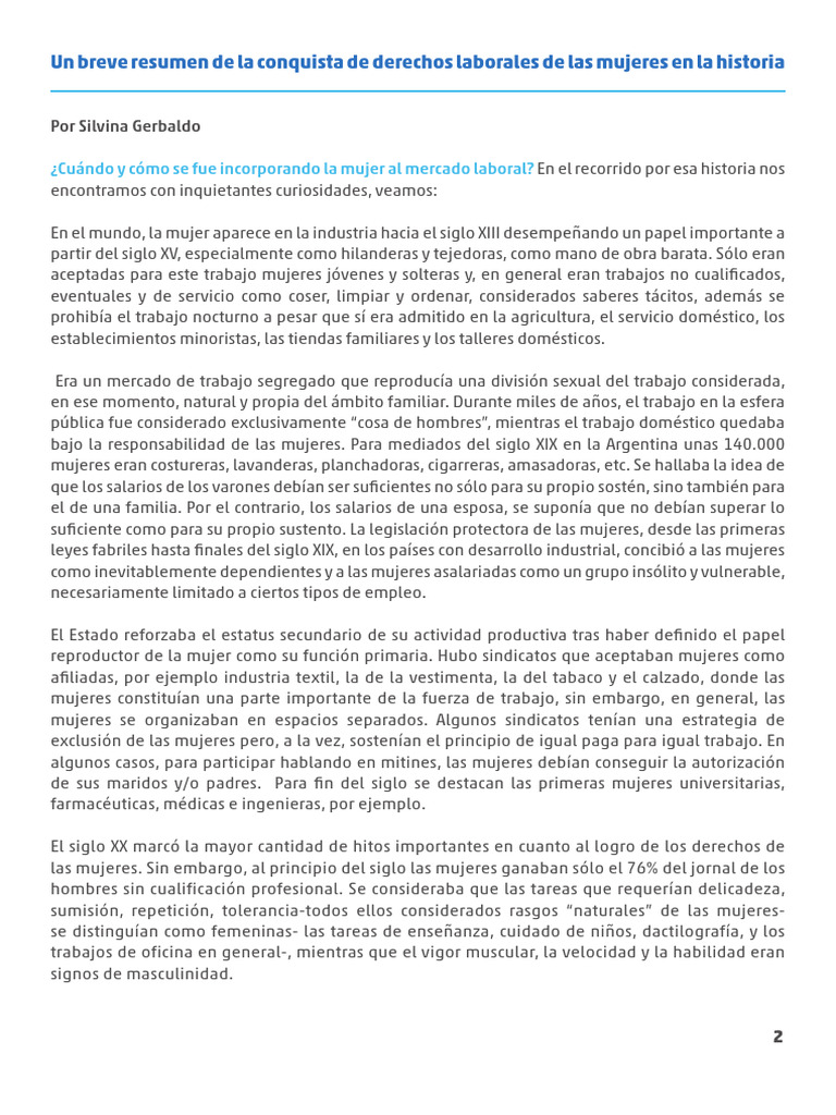 Un Breve Resumen de La Conquista de Derechos Laborales de Las Mujeres ...