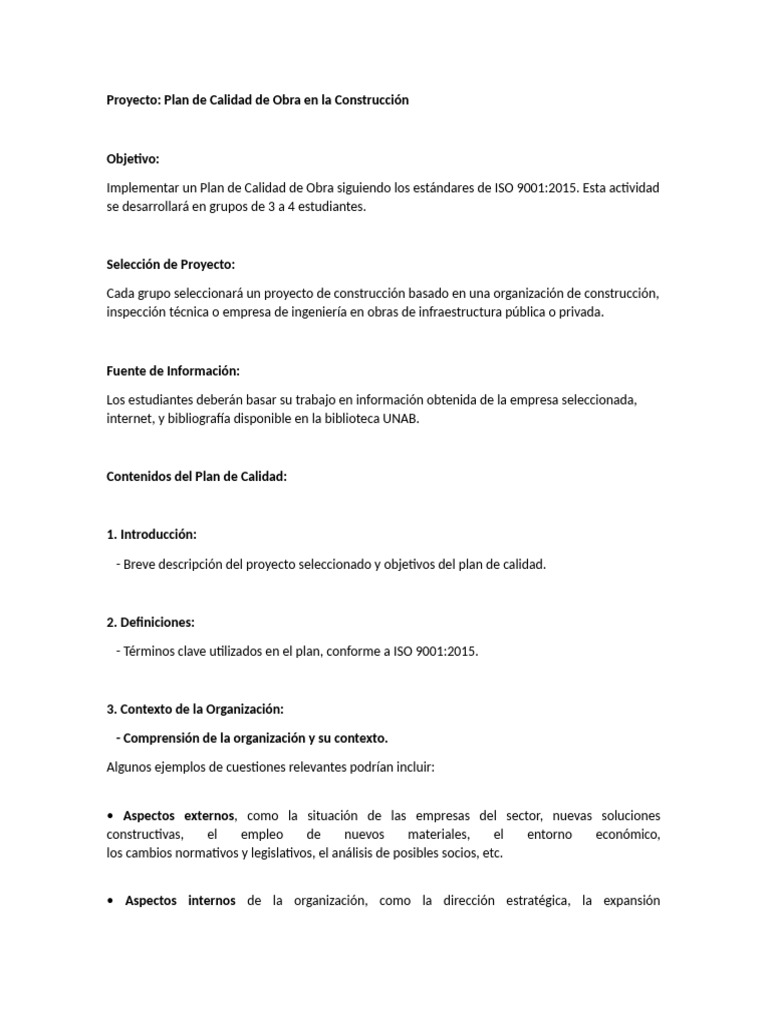 Plan de Calidad en Construcción ISO 9001 | PDF | Sistema de manejo de ...
