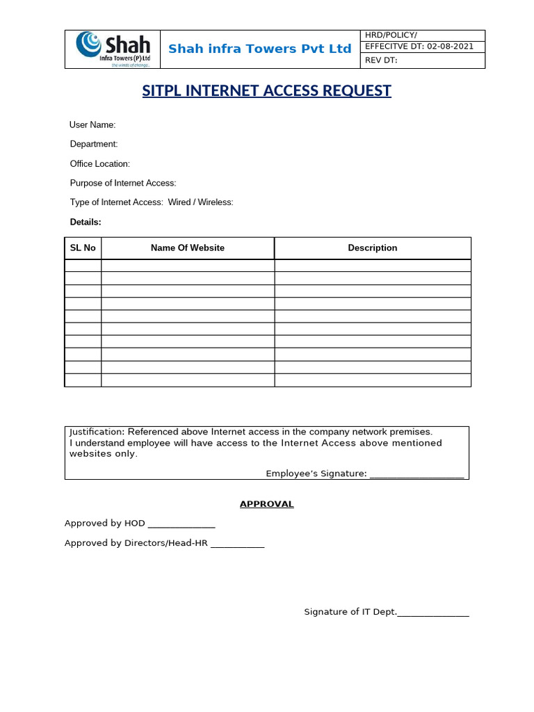 Internet Access Request Policy Form | PDF