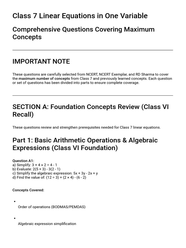 Class 7 Linear Equations in One Variable: Comprehensive Questions ...