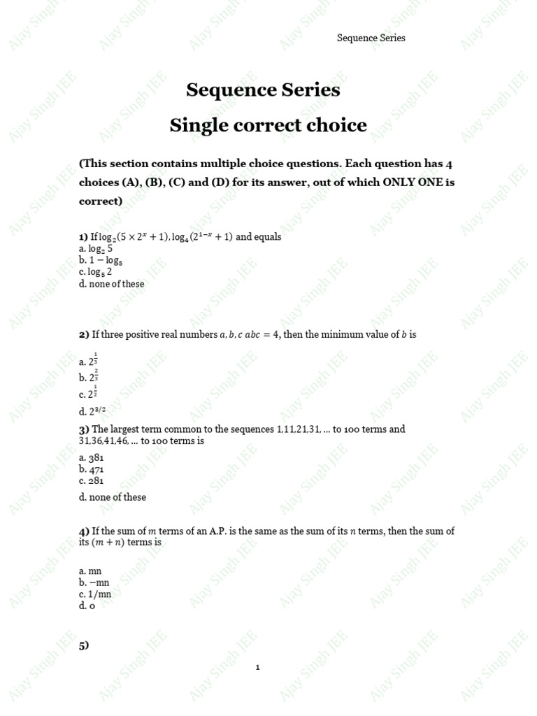 Sequence Series Multiple Choice Questions | PDF | Mathematics ...