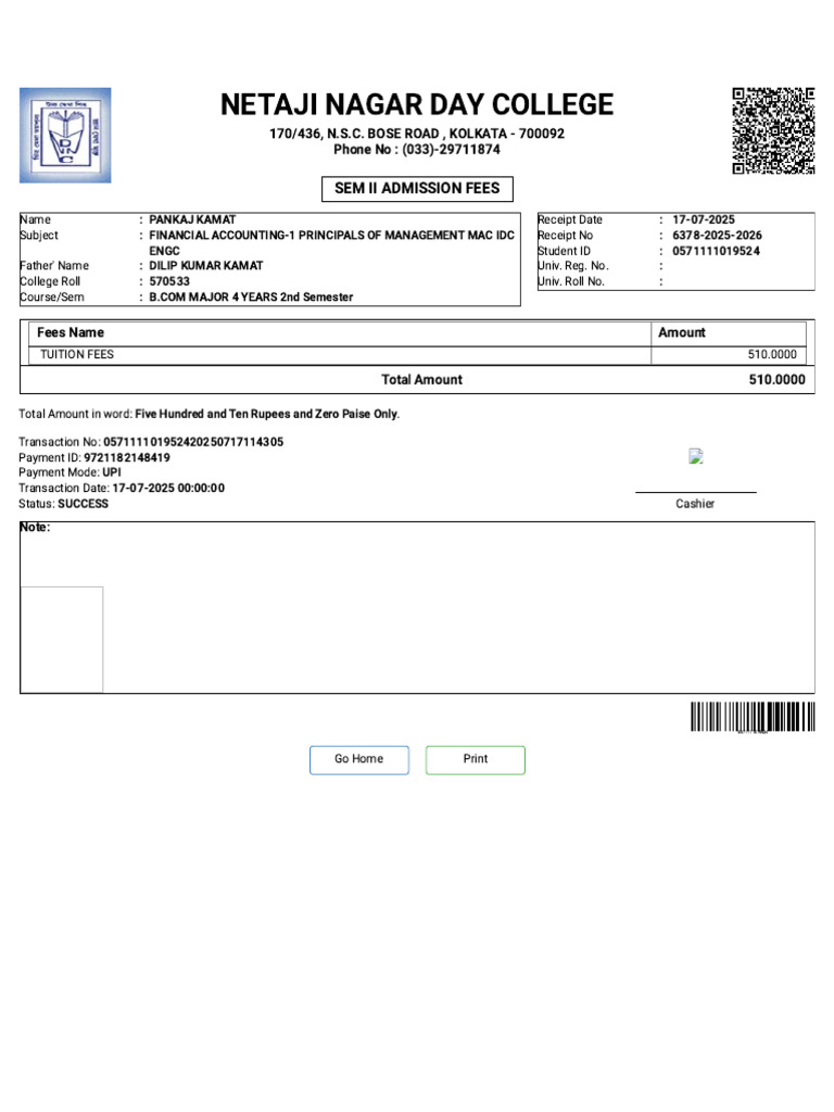 Netaji Nagar Day College Admission Fee Receipt | PDF