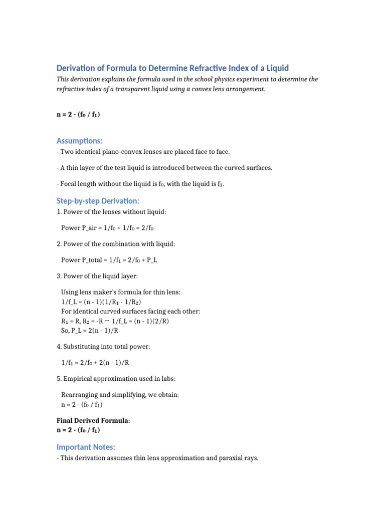 Refractive Index Formula Derivation | PDF