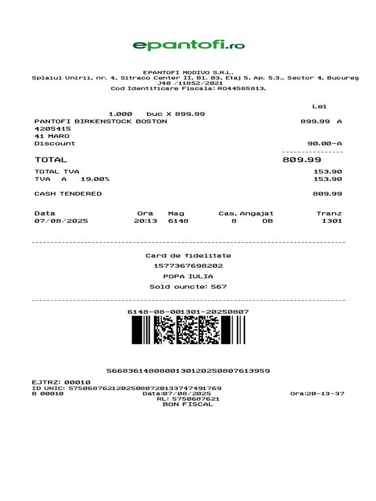 Birkenstock Boston Purchase Receipt | PDF